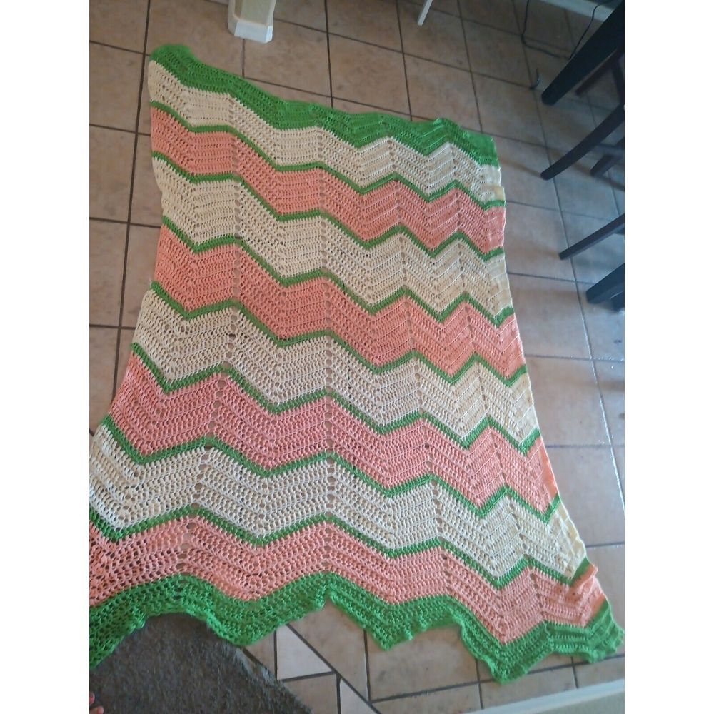 Vintage Hand Knit Chevron Pattern Afghan Throw Blanket 72 X 45 Pink Green White